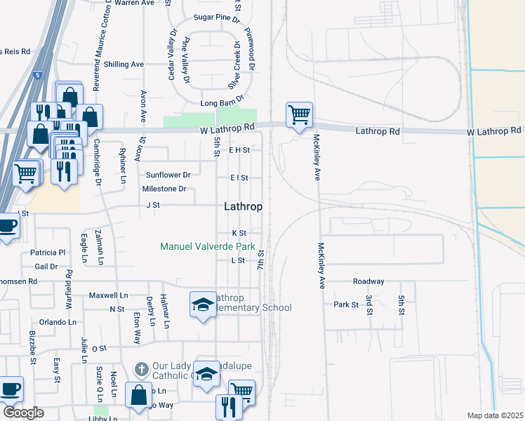 map of restaurants, bars, coffee shops, grocery stores, and more near 15400-15498 7th St in Lathrop