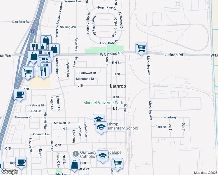 map of restaurants, bars, coffee shops, grocery stores, and more near 15402 5th Street in Lathrop