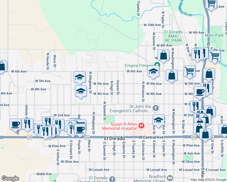 map of restaurants, bars, coffee shops, grocery stores, and more near 504 North High Street in El Dorado