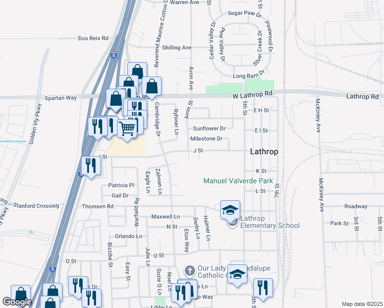 map of restaurants, bars, coffee shops, grocery stores, and more near 15400 Jack Ct in Lathrop