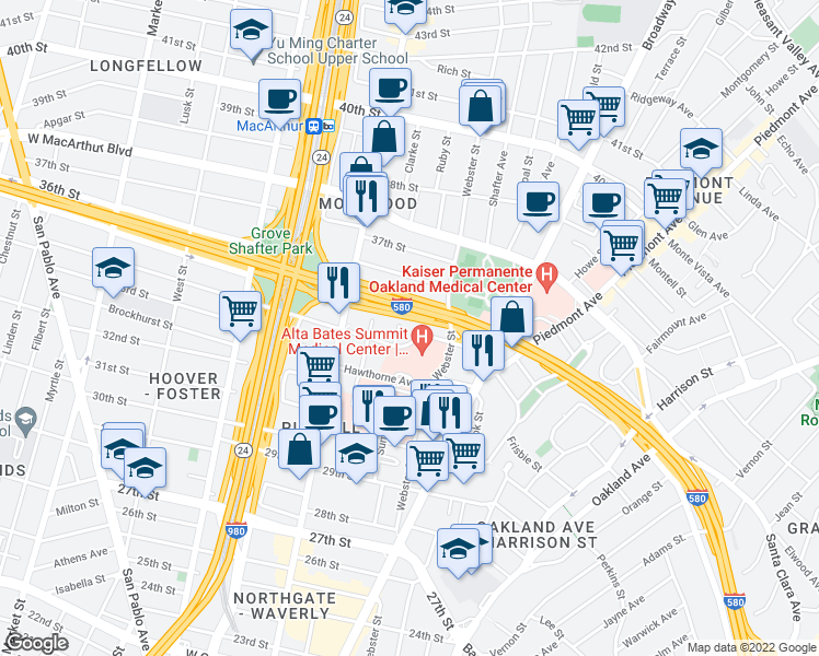 map of restaurants, bars, coffee shops, grocery stores, and more near 3422 Elm Street in Oakland