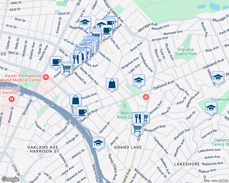 map of restaurants, bars, coffee shops, grocery stores, and more near 7 Olive Avenue in Piedmont