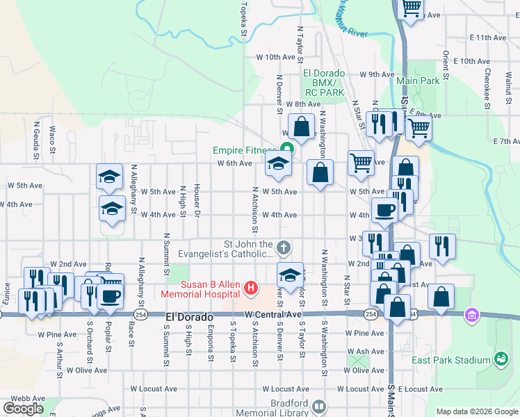 map of restaurants, bars, coffee shops, grocery stores, and more near 508 North Atchison Street in El Dorado