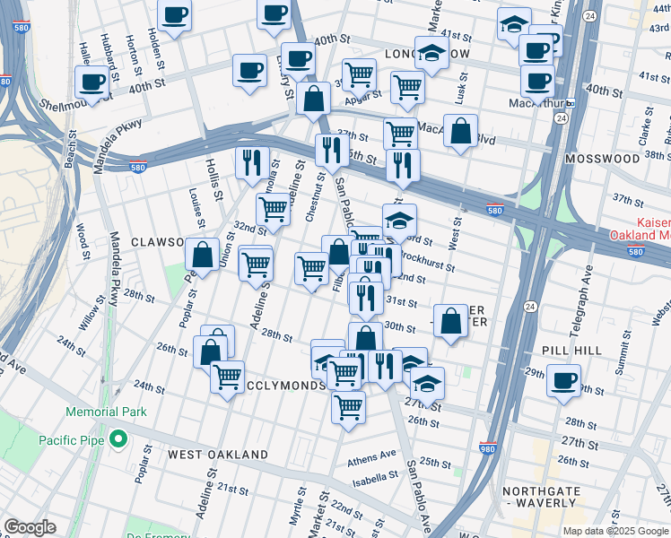 map of restaurants, bars, coffee shops, grocery stores, and more near 3131 Filbert Street in Oakland