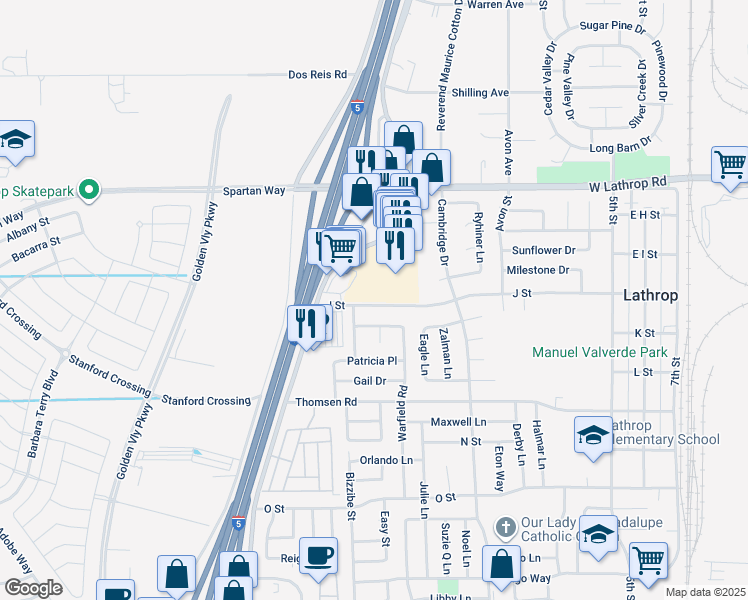 map of restaurants, bars, coffee shops, grocery stores, and more near 185 J Street in Lathrop