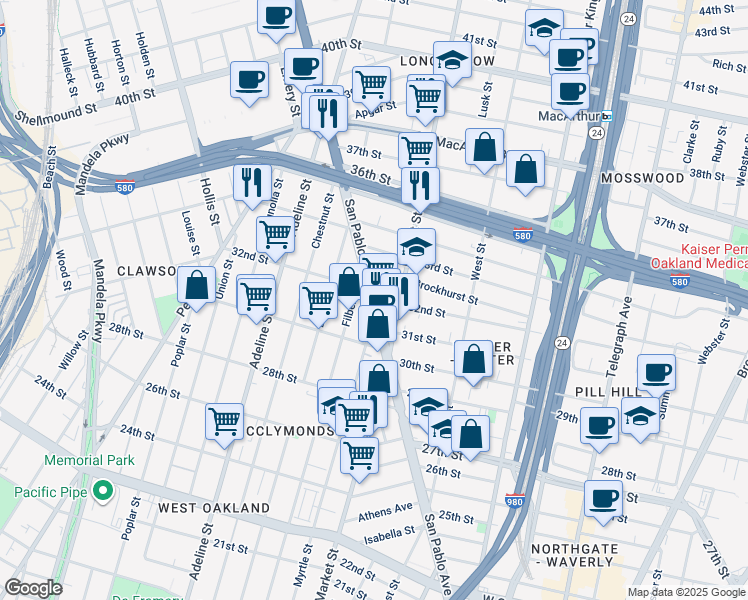 map of restaurants, bars, coffee shops, grocery stores, and more near San Pablo Avenue & 32nd Street in Oakland