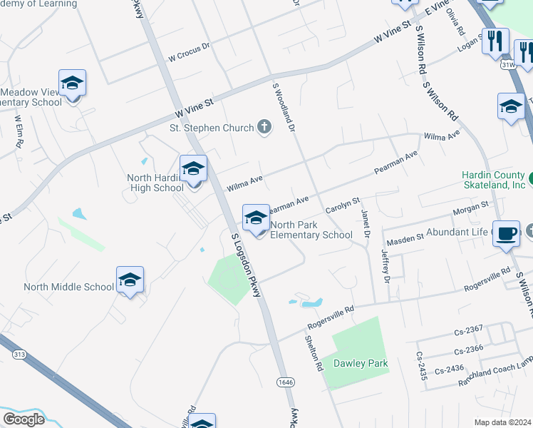 map of restaurants, bars, coffee shops, grocery stores, and more near 800 Pearman Avenue in Radcliff