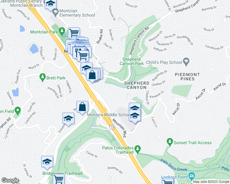 map of restaurants, bars, coffee shops, grocery stores, and more near 2370 Scout Road in Oakland