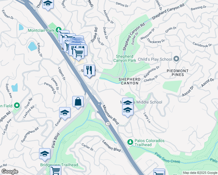 map of restaurants, bars, coffee shops, grocery stores, and more near 2370 Scout Road in Oakland