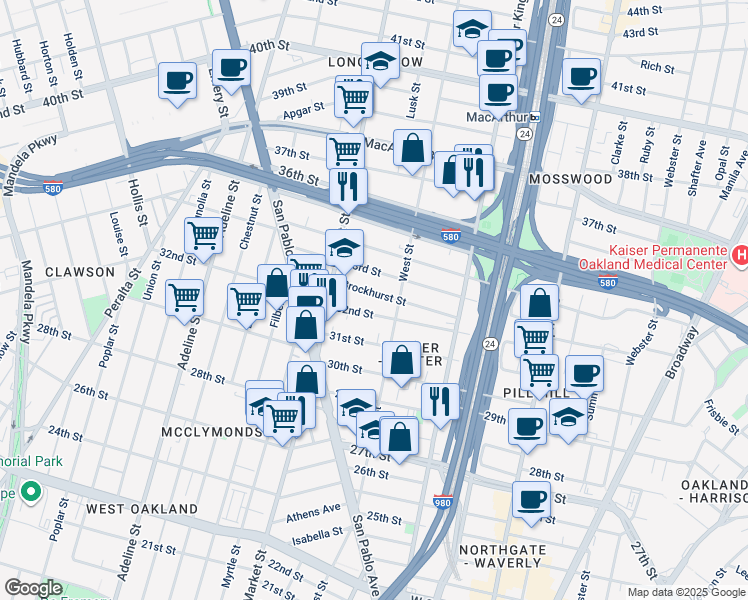 map of restaurants, bars, coffee shops, grocery stores, and more near 833 Brockhurst Street in Oakland