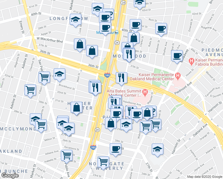 map of restaurants, bars, coffee shops, grocery stores, and more near 556 33rd Street in Oakland