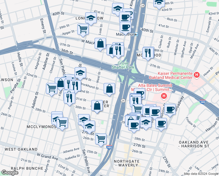 map of restaurants, bars, coffee shops, grocery stores, and more near 669 33rd Street in Oakland