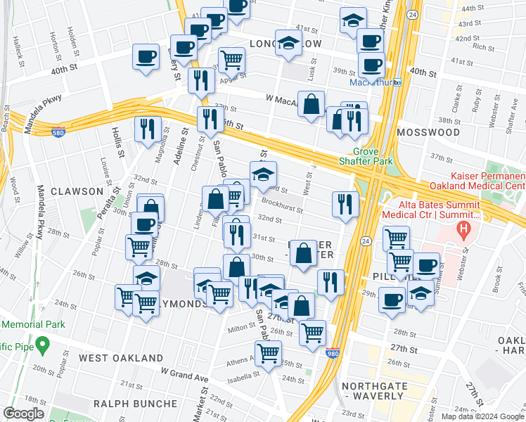 map of restaurants, bars, coffee shops, grocery stores, and more near in Oakland
