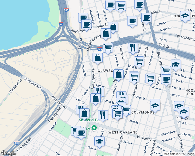 map of restaurants, bars, coffee shops, grocery stores, and more near 10 Ambler Lane in Oakland