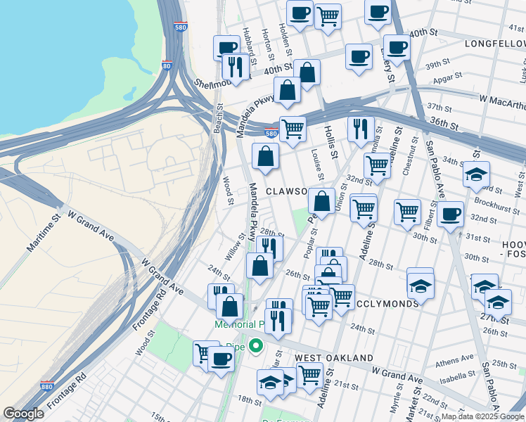 map of restaurants, bars, coffee shops, grocery stores, and more near 6 Ambler Lane in Oakland