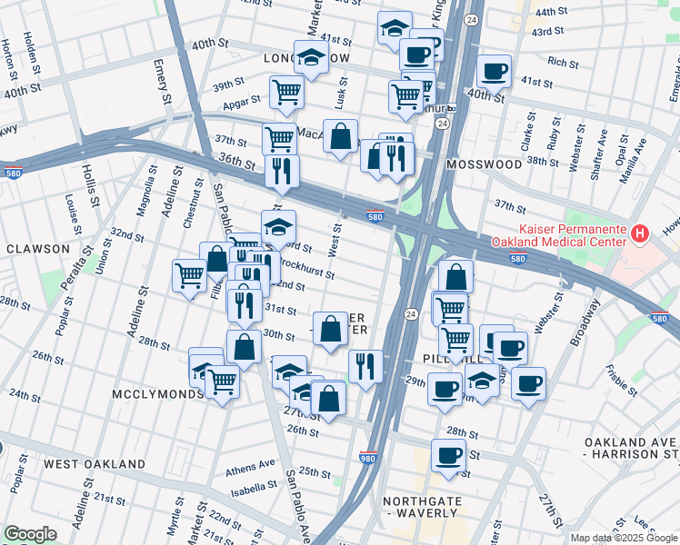 map of restaurants, bars, coffee shops, grocery stores, and more near 726 Brockhurst Street in Oakland