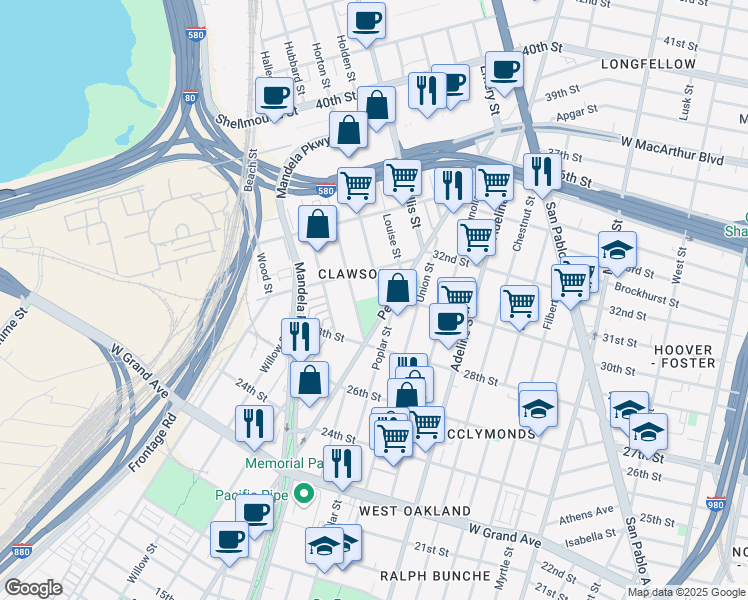 map of restaurants, bars, coffee shops, grocery stores, and more near 2825 Helen Street in Oakland