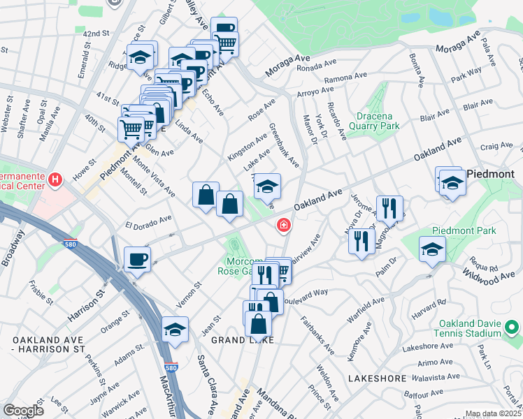 map of restaurants, bars, coffee shops, grocery stores, and more near 333 Linda Avenue in Piedmont
