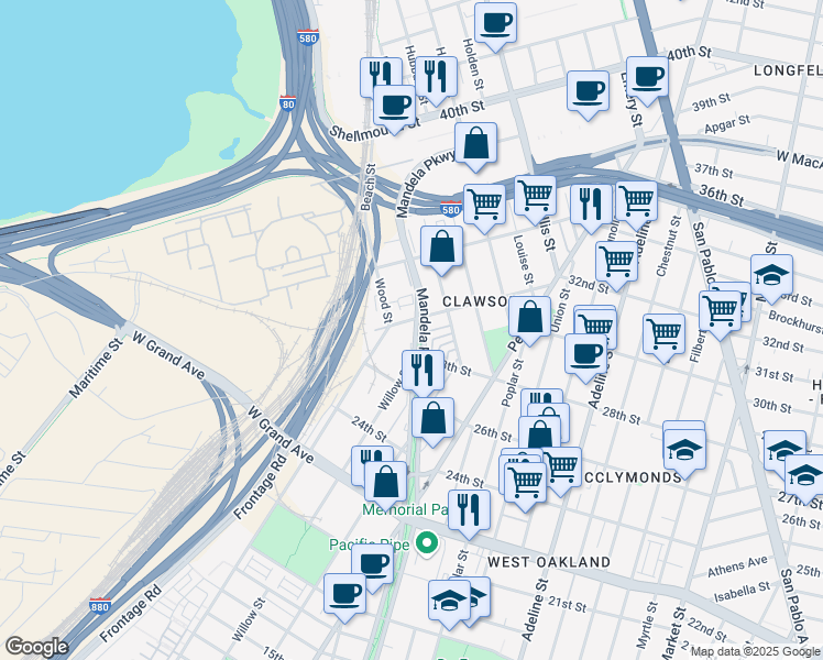 map of restaurants, bars, coffee shops, grocery stores, and more near 2855 Mandela Parkway in Oakland