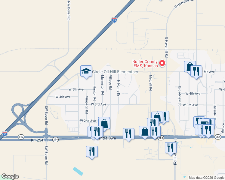 map of restaurants, bars, coffee shops, grocery stores, and more near 524 Village Road in El Dorado
