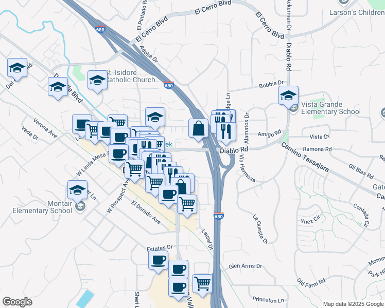 map of restaurants, bars, coffee shops, grocery stores, and more near 387 Diablo Rd in Danville