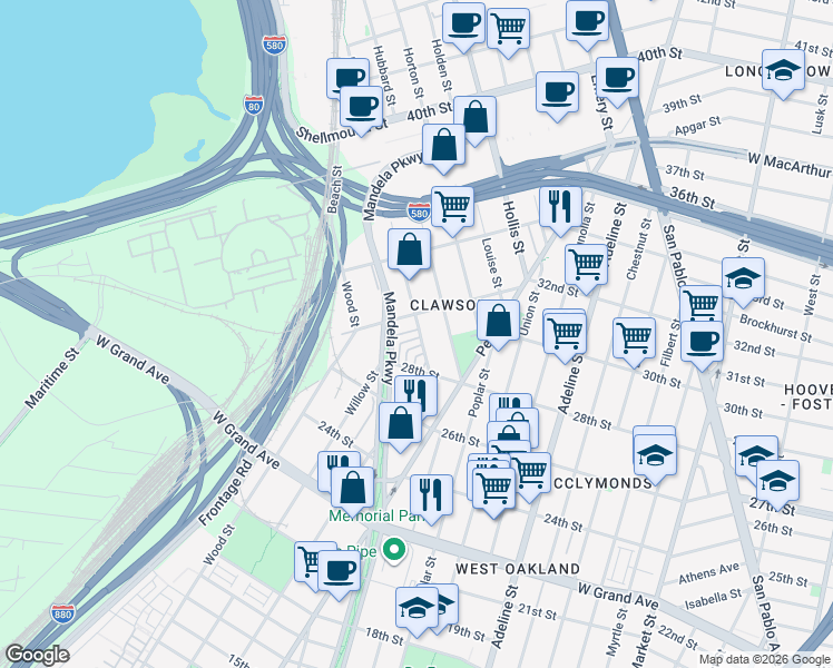 map of restaurants, bars, coffee shops, grocery stores, and more near 27 Moss Lane in Oakland