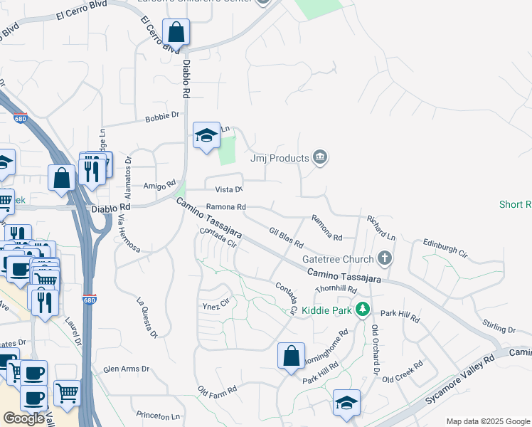 map of restaurants, bars, coffee shops, grocery stores, and more near 166 Ramona Road in Danville