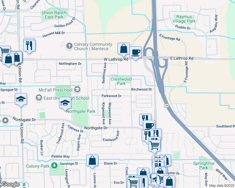 map of restaurants, bars, coffee shops, grocery stores, and more near 445 Parkwood Drive in Manteca