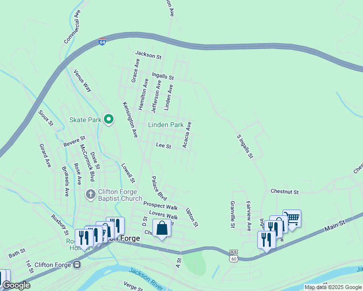 map of restaurants, bars, coffee shops, grocery stores, and more near 905 Acacia Avenue in Clifton Forge