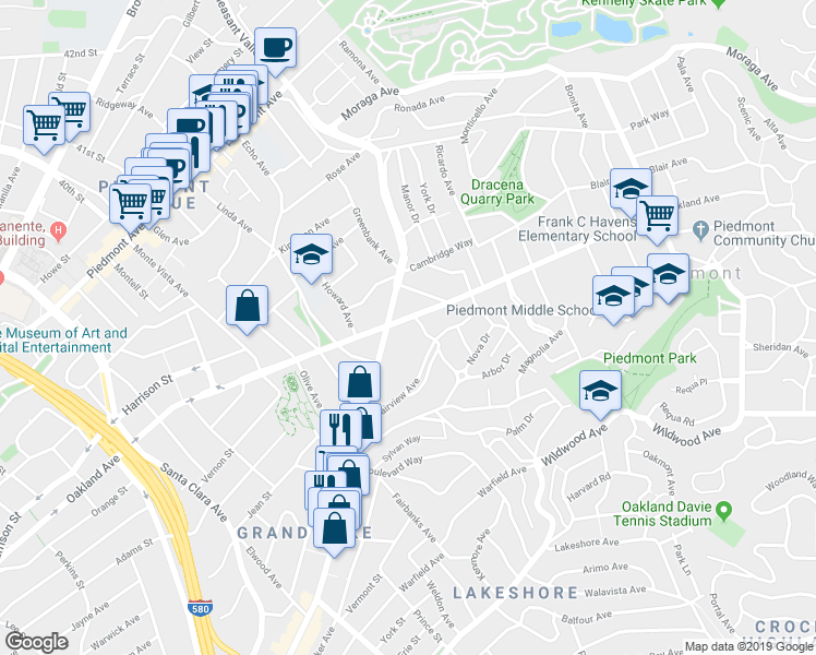map of restaurants, bars, coffee shops, grocery stores, and more near 1120 Oakland Avenue in Piedmont