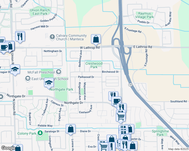 map of restaurants, bars, coffee shops, grocery stores, and more near 445 Parkwood Drive in Manteca