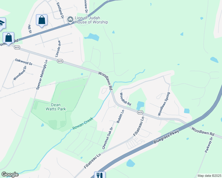 map of restaurants, bars, coffee shops, grocery stores, and more near 901 Woodlawn Road in Bardstown