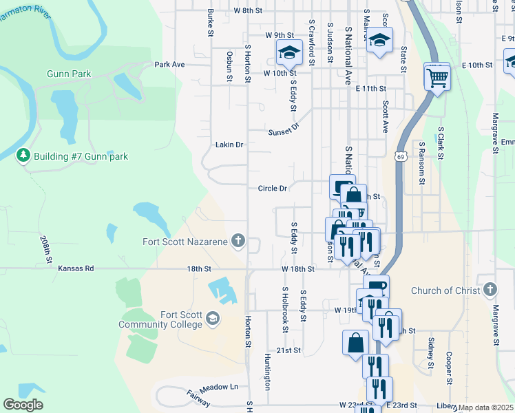 map of restaurants, bars, coffee shops, grocery stores, and more near 1501 Horton Street in Fort Scott