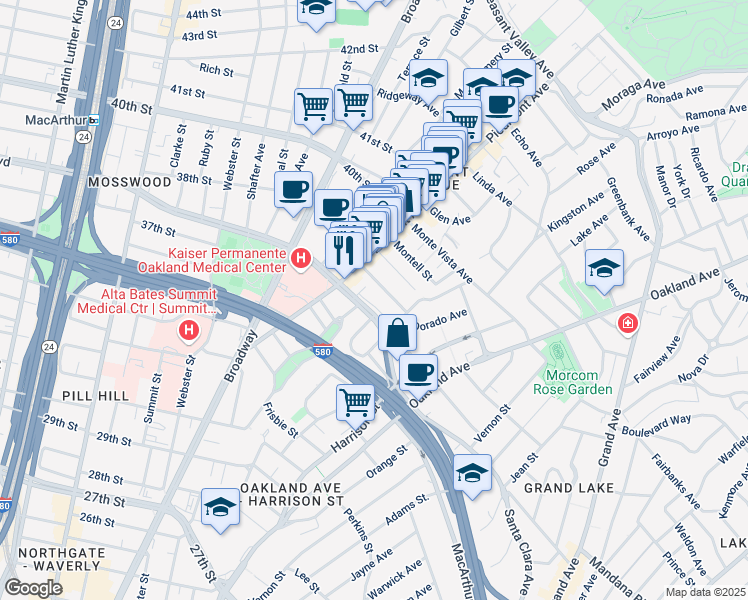 map of restaurants, bars, coffee shops, grocery stores, and more near 63 Yosemite Avenue in Oakland