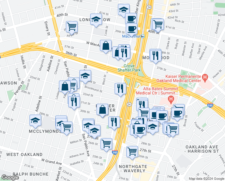 map of restaurants, bars, coffee shops, grocery stores, and more near 669 33rd Street in Oakland