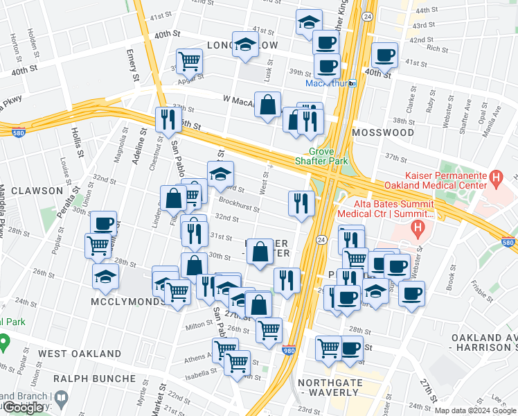 map of restaurants, bars, coffee shops, grocery stores, and more near 726 Brockhurst Street in Oakland