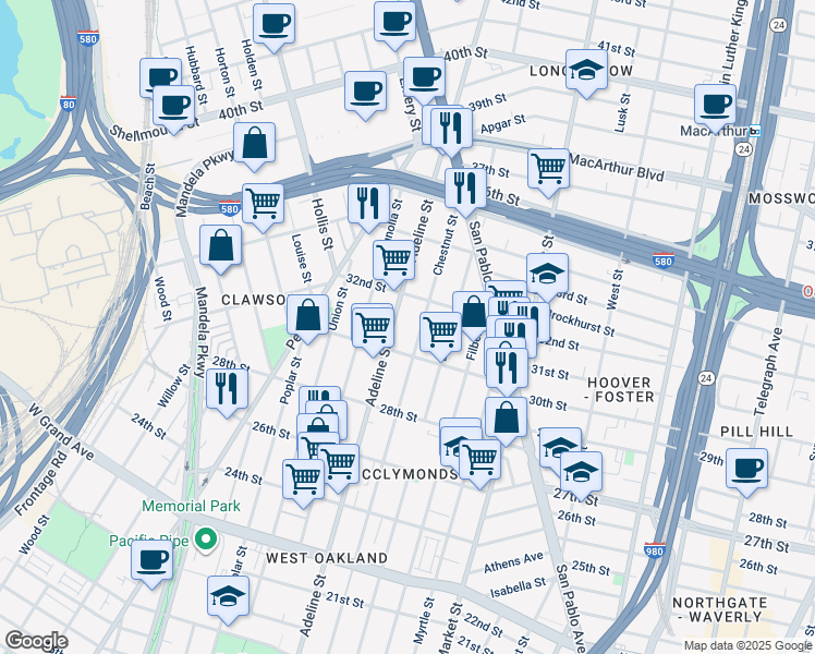map of restaurants, bars, coffee shops, grocery stores, and more near in Oakland