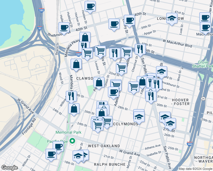 map of restaurants, bars, coffee shops, grocery stores, and more near 1212 30th Street in Oakland