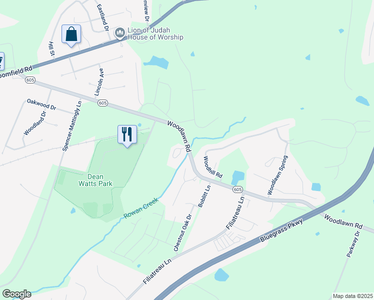 map of restaurants, bars, coffee shops, grocery stores, and more near 901-1045 Woodlawn Road in Bardstown