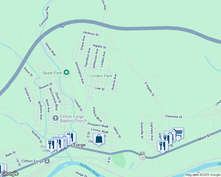 map of restaurants, bars, coffee shops, grocery stores, and more near 905 Acacia Avenue in Clifton Forge