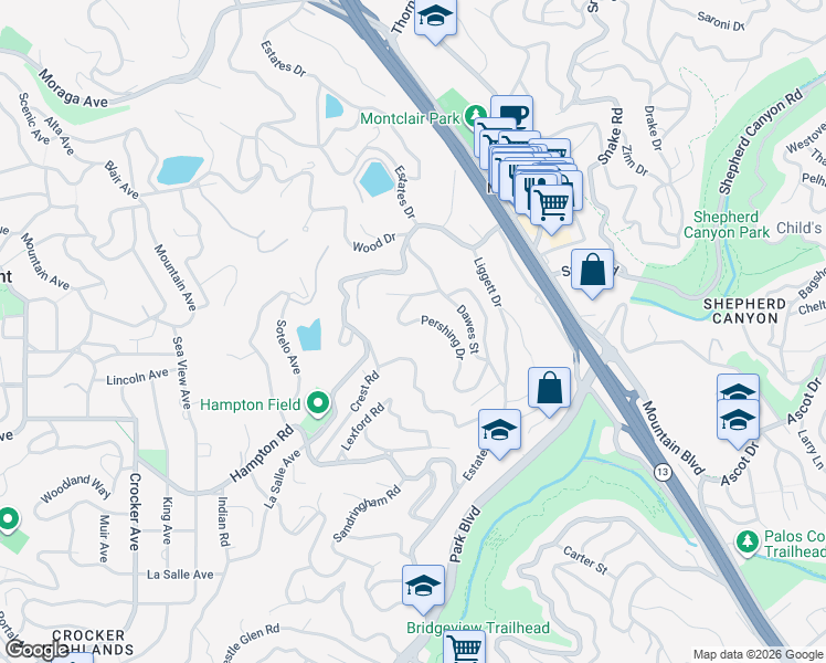 map of restaurants, bars, coffee shops, grocery stores, and more near 175 Pershing Drive in Oakland