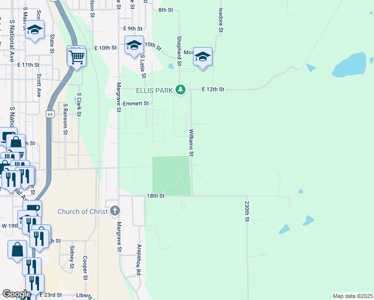 map of restaurants, bars, coffee shops, grocery stores, and more near 1726 Williams Street in Fort Scott