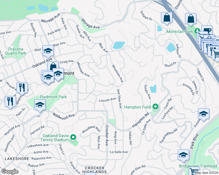 map of restaurants, bars, coffee shops, grocery stores, and more near 356 Mountain Avenue in Piedmont