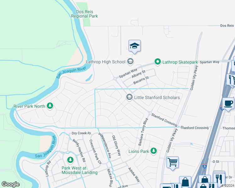 map of restaurants, bars, coffee shops, grocery stores, and more near 15351 Flycatcher Drive in Lathrop