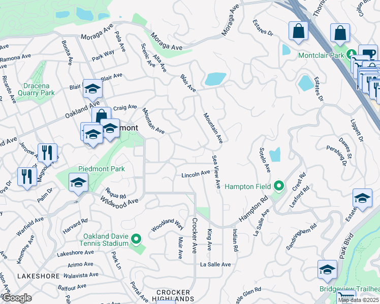map of restaurants, bars, coffee shops, grocery stores, and more near 336 Mountain Avenue in Piedmont