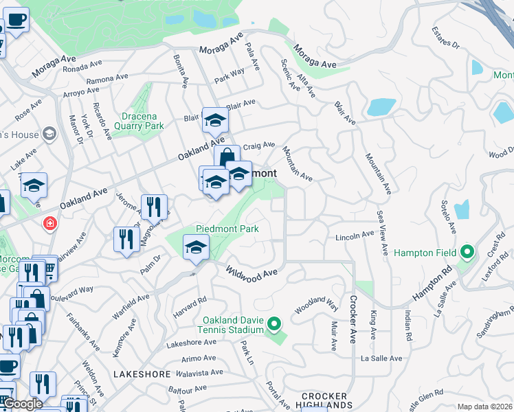 map of restaurants, bars, coffee shops, grocery stores, and more near 120 Hazel Lane in Piedmont