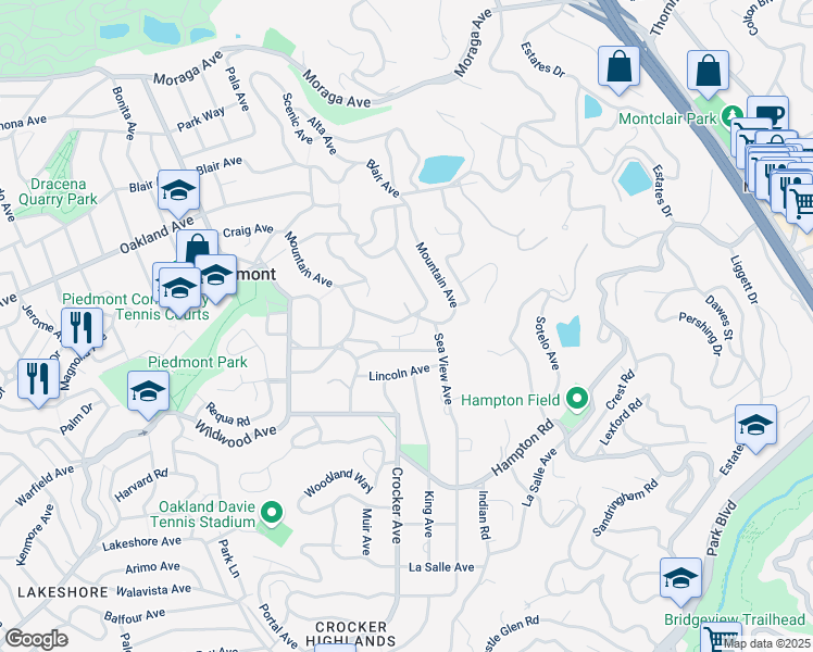 map of restaurants, bars, coffee shops, grocery stores, and more near 356 Mountain Avenue in Piedmont