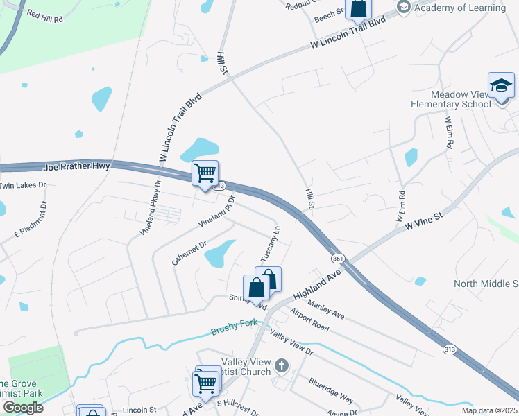 map of restaurants, bars, coffee shops, grocery stores, and more near 112 Tuscany Lane in Vine Grove