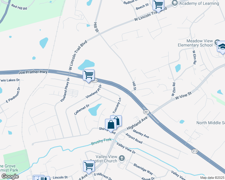 map of restaurants, bars, coffee shops, grocery stores, and more near 112 Tuscany Lane in Vine Grove