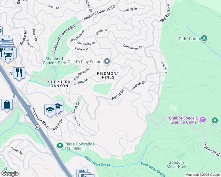 map of restaurants, bars, coffee shops, grocery stores, and more near 6327 Longcroft Drive in Oakland